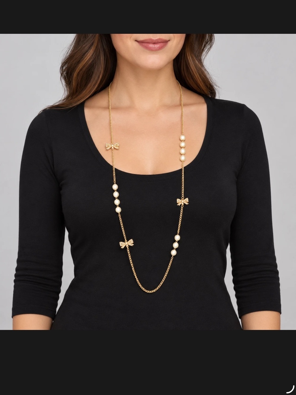 Gold Tone Faux Pearl and Bow Necklace 34”